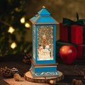 Blue vintage Christmas snow globe lantern featuring a snowman family with glowing sequins - Large Square Blue Snowman