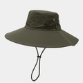 Detail view of the wide brim and adjustable drawstring on a deep olive outdoor sun hat - One Size / Army Green