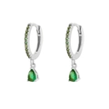 S925 sterling silver huggie earrings with emerald green pear-cut drop stones and pavé - White Gold (Style H)