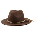 Classic dark brown woven straw fedora sun hat for women with decorative rope band - Coffee