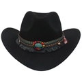 Detail van zwarte vilten cowboyhoed met etnische kralenband, turquoise en grijze kwastjes - M (56-58cm) / Zwart