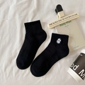 Black cotton low-cut socks featuring a cute white cartoon panda embroidery on the cuff - Back Panda-Black