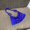 Sparkling sapphire blue rhinestone underarm handbag with woven crystal handle and zipper - Blue