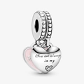 Detail of silver MOM heart charm with pink enamel and You are always in my engraving - Pink Enamel Double Heart (PCT444)