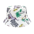 Detailed view of kids bucket hat with colorful dinosaur print and California text - Head Circumference 52-54cm / White