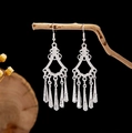 Ethnic silver leaf tassel earrings with hollow filigree craftsmanship on wood branch - Silver Inverted Trapezoid Hollow Carved Ethnic Style (E2873-27)