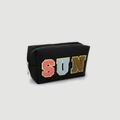 Black PU travel makeup bag with colorful SUN chenille patches and gold glitter trim - Black (SUN Letter Style)