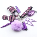 Detail view of purple self-defense keychain set including alarm and sanitizer holder - Deep Purple Pattern