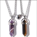 Magnetic couples necklace with purple and brown hexagonal crystal pillars - Tiger Eye + Amethyst