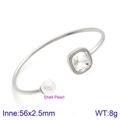 Silver stainless steel open cuff bracelet with shell pearl and square crystal detail - Silver Transparent Gemstone Style (KB123006-K)