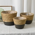 Three sizes of natural seagrass baskets with black trim and waterproof plastic liners - Set of 3 (S/M/L) / Black Base