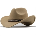 Classic khaki wool felt western cowboy hat with decorative woven band for men and women - M (56-58cm) / Camel (JXF-548)