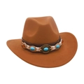 Brown wool felt western cowboy hat with turquoise and amber gemstone leather band - Kids Size (52-54cm) / Khaki