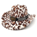 Detailed view of leopard print faux fur cowboy hat with leather band and star buckle - M (56-58cm) / Flat Top Beige
