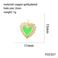 Detailed view of green enamel heart pendant with dimensions and white zircon inlay - P00307-Bright Green