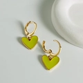 Neon yellow heart drop earrings with gold hoops shown on a white minimalist background - Bright Yellow (10616)