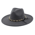 Detail of dark grey wool fedora with 9.5cm wide brim and decorative gold chain accent - M (56-58cm) / Dark Gray