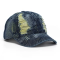 Close-up of distressed vintage denim baseball cap with yellow frayed details - Dark Blue with Yellow Distressed Style (A)