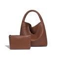 Handwoven dark brown leather tote and matching zipper pouch set in a classic woven style - Mocha