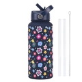 Navy blue 1L insulated sports bottle with floral print, straw, and cleaning brush kit - Indigo Blue Style 8A
