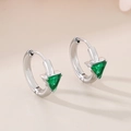 Macro view of silver hoop earrings featuring a triangular green gemstone and polished finish - Steel Green (KE116270-GC)