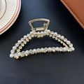 Golden metal hair claw clip with elegant pearls and sparkling rhinestones inlay - Pearl Rhinestone Style