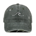 Vintage washed dark grey cotton baseball cap with white wave embroidery and distressed details - One Size / Green