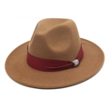 Detailed close-up of camel wool felt fedora featuring burgundy ribbon and diamond buckle - Light Coffee