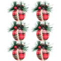Set of 6 red and black plaid Christmas fabric balls with pine cones and berries decor - 6cm Style 5 (Red Black Plaid)