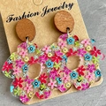 Floral acrylic earrings with round wooden studs displayed on jewelry card - Colorful Mixed Floral