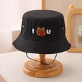 Detail of black cotton bucket hat with bear embroidery and adjustable windproof rope - 54cm(3-10 Years) / Black