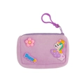 Detail of purple plush unicorn coin purse with plastic hook and Happy silicone charm - Purple