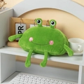 Detail of green plush crab pencil case with embroidery on a white desk workspace - Style 1