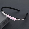 Serre-tête tressé noir avec fleurs en résine rose et strass blancs scintillants élégants - Quatre petites fleurs-Rose