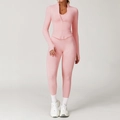 Ensemble de yoga côtelé rose avec veste zippée manches longues et legging taille haute - S / Haut Et Bas / Ensemble 2 pièces (Veste + Pantalon) / Rose Pêche