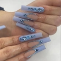 Extra long matte purple press-on nails with blue rhinestones in a geometric design - Matte Light Purple Rhinestone Glue Style(SGCY-350)