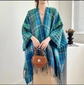 Bohemian knit shawl wrap with zigzag patterns and fringe tassels in earthy tones - Blue Wave