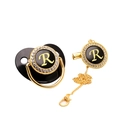 Luxurious black and gold baby pacifier set with rhinestone letter R and metal chain - Letter R