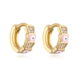 Golden mini hoop earrings with pink evil eye patterns and sparkling zircon stones - Pink
