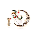 Enameled snowman on crescent moon brooch with glittering rhinestones and gold finish - Moon Snowman (RW27)
