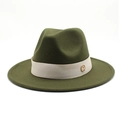 Detailed view of the dark green wool fedora with a beige ribbon and golden emblem - Army Green