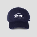 Close-up of white 3D embroidery on navy cotton twill vintage baseball cap - M (56-58cm) / Navy Blue