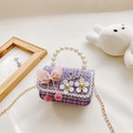 Purple tweed mini crossbody bag for girls with pearl handle and lace bow detail - Purple With Camellia