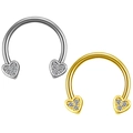 Close-up of gold and silver horseshoe nose rings with sparkling heart-shaped rhinestones - #13 Double Heart CZ (Silver Plated)