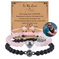 Conjunto de pulseras con proyección de foto en cuarzo rosa y cuentas de piedra negra - Juego de Cuarzo Rosa y Negro Mate (Couple Bracelet-2)