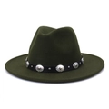 Close-up of silver engraved metal studs and black belt on dark green wool felt hat - Army Green
