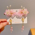 Pink cherry blossom hair clips for girls with silk tassels and butterfly charms - Xunmeng Pair Set