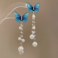 Detail of blue butterfly tassel earrings with faux pearls and sparkling crystal beads - 44# Silver Needle-Blue Butterfly Tassel (HE24844)