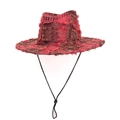 Red-brown plaid western cowboy hat with frayed edges and adjustable chin strap - Red