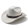 Close-up of white felt cowboy hat with leather band and bull head metal ornament - M (56-59cm) / Beige (Suede)